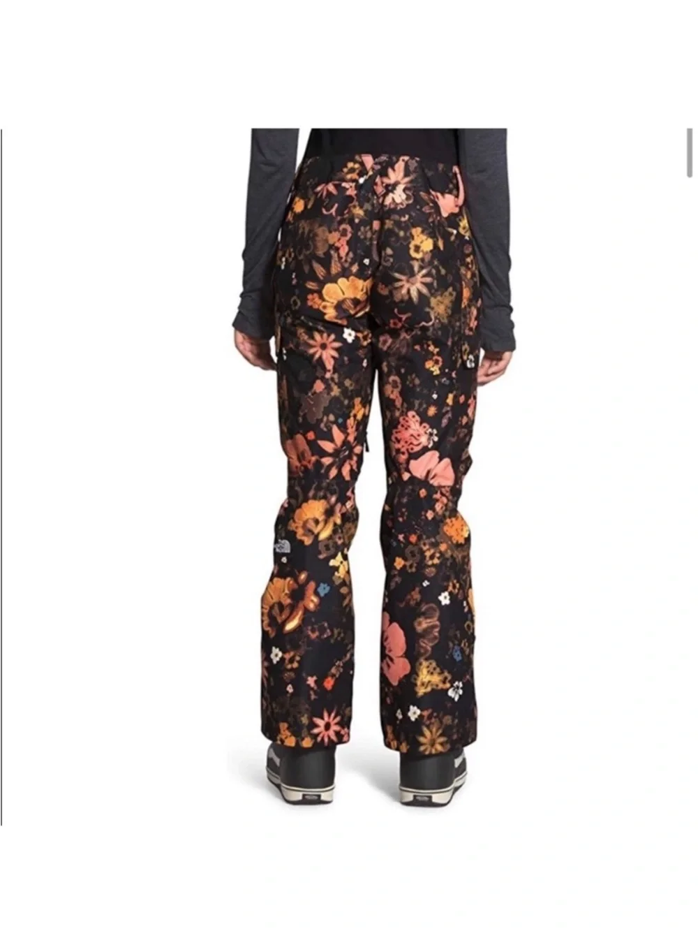 The North Face Black Floral Snow Bibs with Orange & Pink Accents - Picture 3 of 10